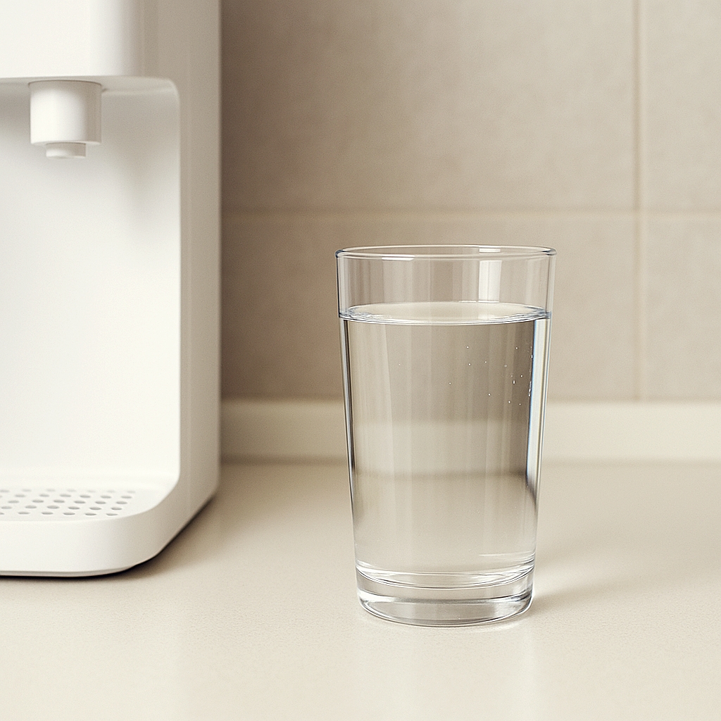 정수기 필터 교체 완료 후 깨끗한 물컵 이미지