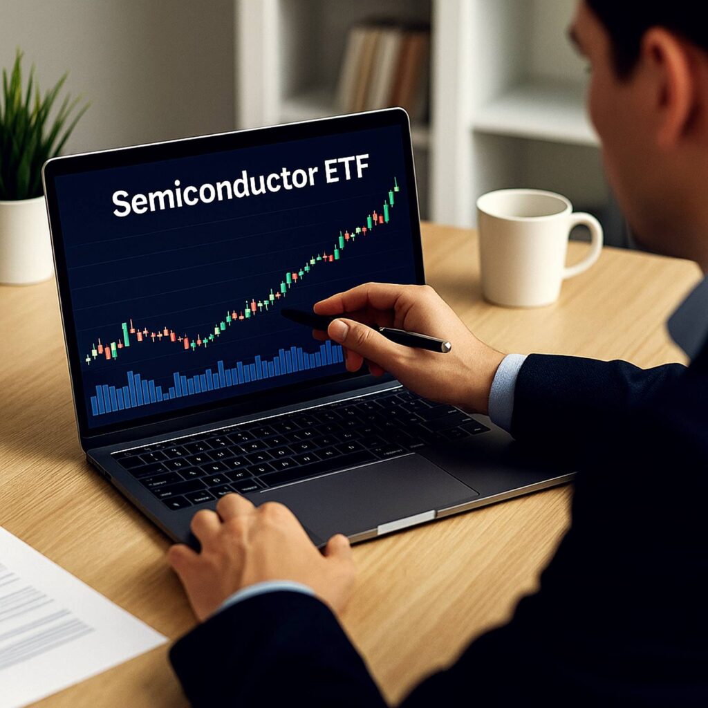 투자자가 노트북으로 반도체 ETF 차트를 분석하는 모습